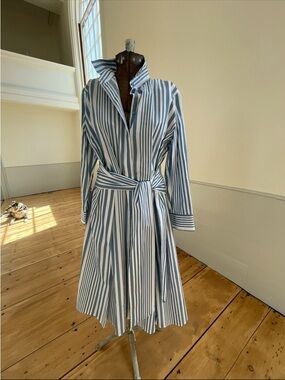 Boss Blue and White Striped Long-Sleeve Shirt Dress